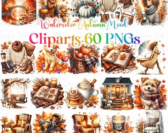 Watercolor Fall Leaves Clipart: Autumn Harvest, Thanksgiving (Digital Download PNG)