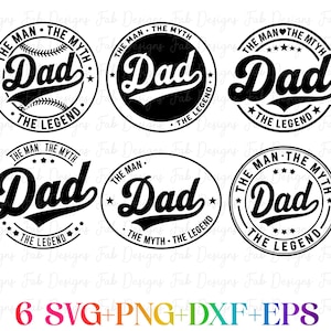 以下が含まれることがあります： 「The Man The Myth The Legend」と「Dad」というレトロなフォントで書かれた、黒と白の円形デザイン6つ。デザインはデジタルダウンロード用で、SVG、PNG、DXF、EPSファイル形式が含まれています。