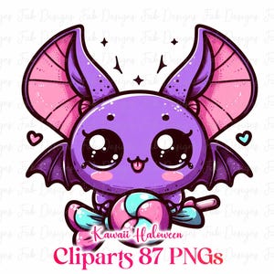 May include: A cute purple cartoon bat with large eyes, holding a pink and blue swirled lollipop. The bat has pink and purple wings and ears. The text "Kawaii Halloween Cliparts 87 PNGs" is at the bottom.