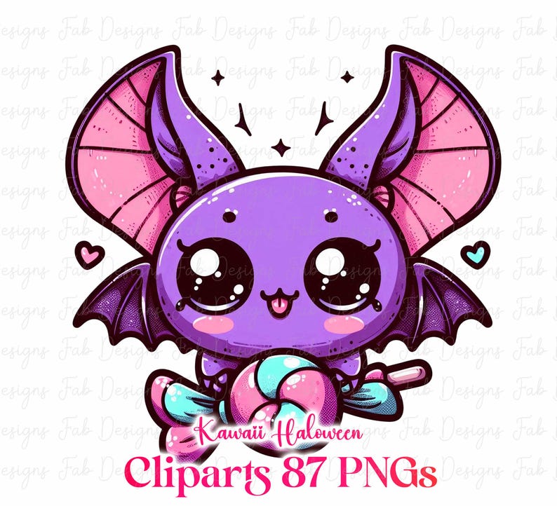 May include: A cute purple cartoon bat with large eyes, holding a pink and blue swirled lollipop. The bat has pink and purple wings and ears. The text "Kawaii Halloween Cliparts 87 PNGs" is at the bottom.