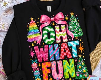 Oh What Fun PNG, Watercolor Christmas Typography, Pink Bow Rainbow Tinsel Tree Shirt Design, Hand Painted Xmas Sublimation Download
