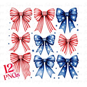 May include: Twelve digital clip art images of red, white, and blue bows with a striped or star pattern. The bows are perfect for patriotic crafts and digital scrapbooking.