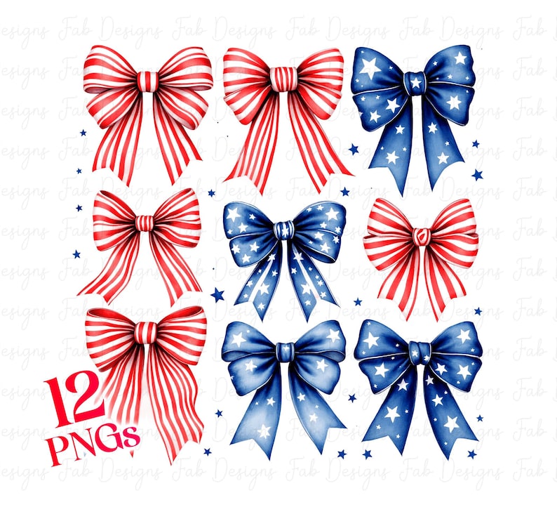 May include: Twelve digital clip art images of red, white, and blue bows with a striped or star pattern. The bows are perfect for patriotic crafts and digital scrapbooking.