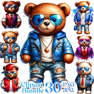 30 Watercolor cool Bear Collection Clipart Bundle, Birthday Clipart, Colorful Png, Hip Hop Bear, Bougie Bear,Cool Designer Cartoon Bear