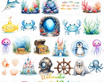 Clipart submarino de acuarela: Animales marinos, Baby Shower (Descarga digital)