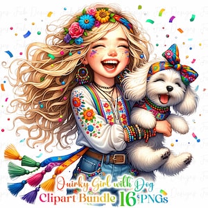 Op de afbeelding: Een digitale illustratie van een meisje met lang blond haar dat een wit shirt draagt met kleurrijke borduursels, een bloemenhoofdband en een spijkerbroek. Ze houdt een witte hond vast met een kleurrijke strik en een kralenhalsband. De achtergrond is wit met kleurrijk confetti.