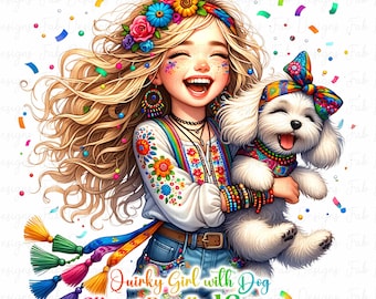 Girl with Dogs Clipart: Whimsical Watercolor PNGs (Digital Download)