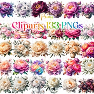 133 Peony Flower Clipart Bundle Floral PNG Watercolor Summer Blooms Autumn Spring Wildflower Graphics Fall Vibrant Botanical illustrations