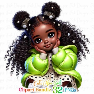 May include: A digital illustration of a young Black girl with curly hair wearing a lime green puffer jacket and a white dress with black stars. She has pearl earrings and hair clips with stars. The image is set against a white background.