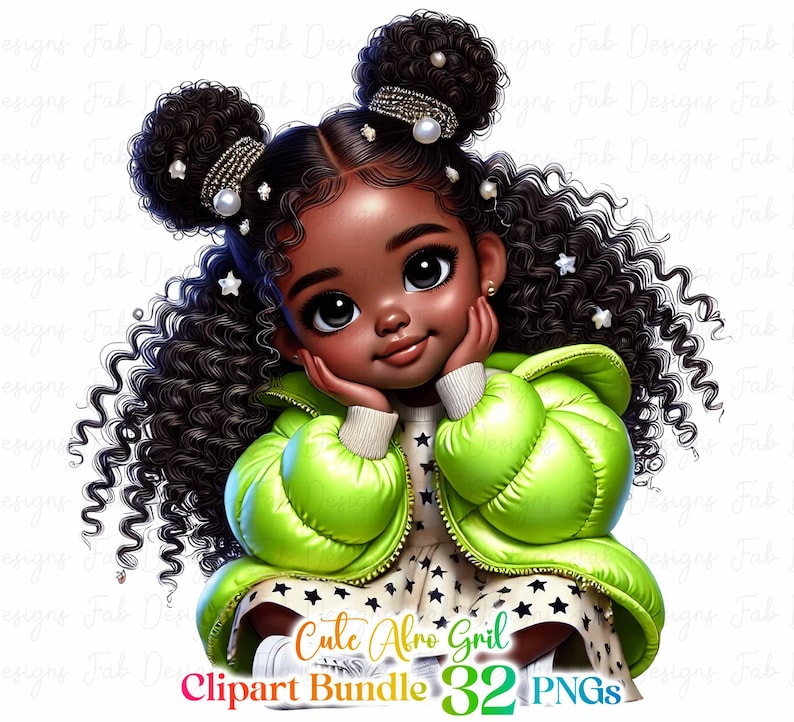May include: A digital illustration of a young Black girl with curly hair wearing a lime green puffer jacket and a white dress with black stars. She has pearl earrings and hair clips with stars. The image is set against a white background.