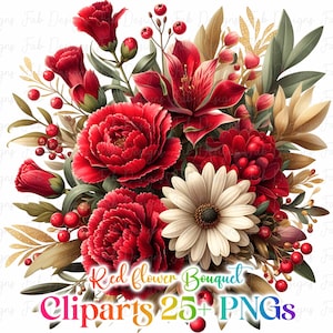 Red Flower Clipart: Watercolor Floral Bouquets & Frames (Digital Download)