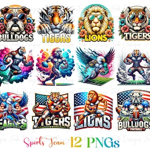 12のスポーツスクールチーム。マスコットデザイン、スクールマスコット、フットボールチーム、スクールスピリット、トラ、ライオン、ワシ、パンサーズ、ベアーズ、ゲイターズ、ワイルドキャッツなど