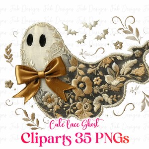 May include: A decorative lace ghost illustration with a gold bow, floral embroidery, and bat accents. The image includes the text "Cute lace Ghost" and "Cliparts 35 PNGs" in pink.