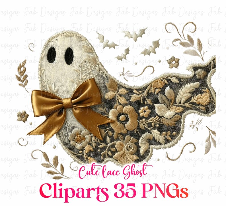 May include: A decorative lace ghost illustration with a gold bow, floral embroidery, and bat accents. The image includes the text "Cute lace Ghost" and "Cliparts 35 PNGs" in pink.