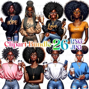 26 Black Girl Motivation clipart bundle, inspirational Fashionable Girl Graphics, afro girl clipart, denim girl clipart, black girl graphics