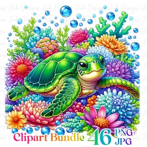 Könnte beinhalten: Eine grüne Meeresschildkröte mit einer leuchtend grünen Schale und einem süßen Gesicht ist von bunten Blumen und Korallen umgeben. Der Hintergrund ist weiß.