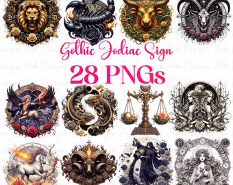 Zodiac PNG Bundle: Gothic Horoscope Astrology Clipart (Digital Download)