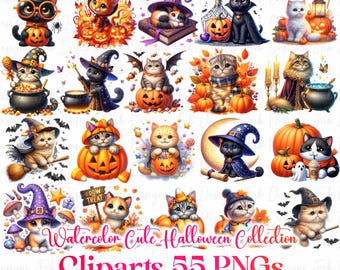 Watercolor Halloween Cats Clipart: 55 PNG Animal Designs (Commercial Use) (Digital Download