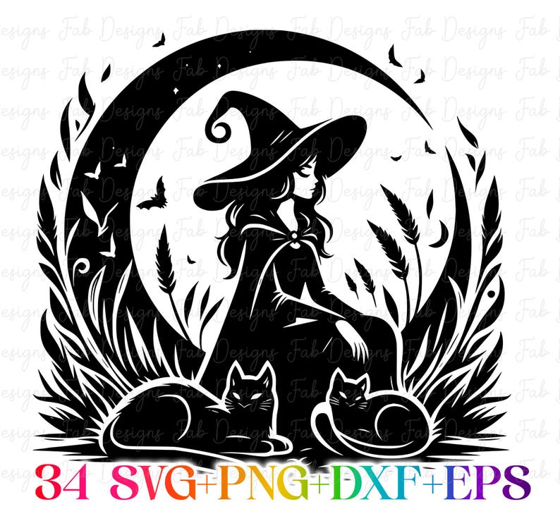 Witch Cat Celestial Boho SVG Bundle: Halloween Witch Cut Files (digital ...