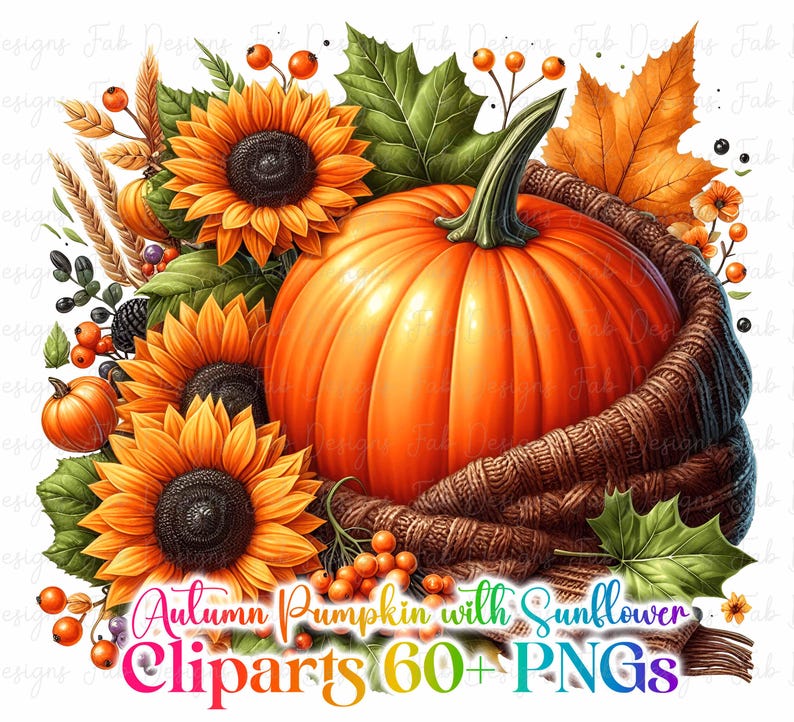 May include: A vibrant digital illustration featuring a large orange pumpkin nestled in a brown knitted wrap, surrounded by sunflowers, autumn leaves, and berries. The image includes the text "Autumn Pumpkin with Sunflower Cliparts 60+ PNGs" in a colorful font, perfect for fall-themed designs.