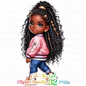 May include: Digital illustration of a young Black girl with long, curly black braids with gold beads. She is wearing a pink bomber jacket, blue jeans, and white sneakers. The text "Cute Afro Girl Clipart Bundle 32 PNGs" is at the bottom of the image.
