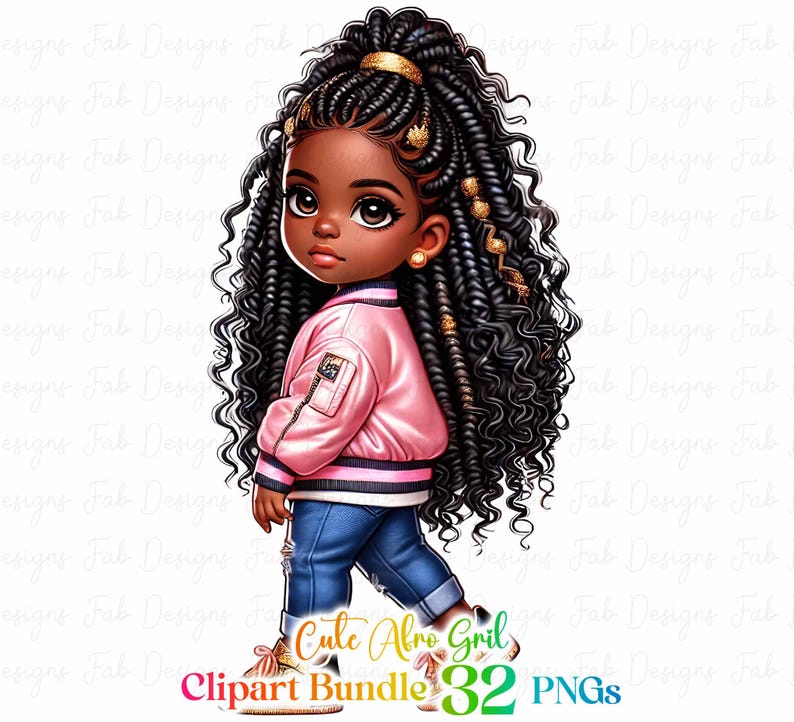 May include: Digital illustration of a young Black girl with long, curly black braids with gold beads. She is wearing a pink bomber jacket, blue jeans, and white sneakers. The text "Cute Afro Girl Clipart Bundle 32 PNGs" is at the bottom of the image.