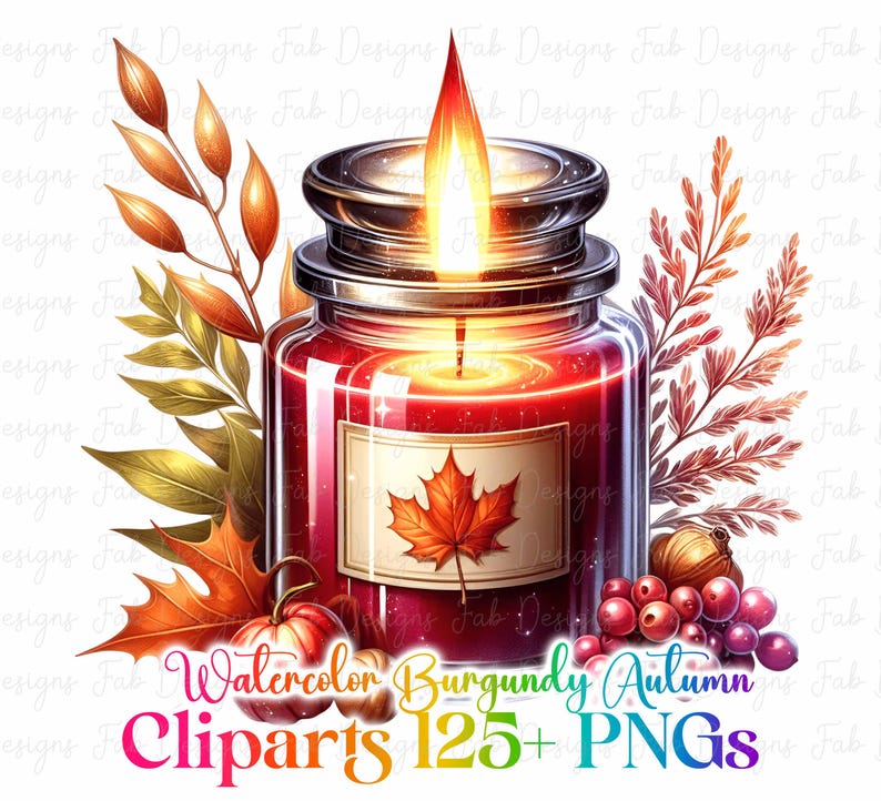 May include: A watercolor illustration of a burgundy-colored candle in a glass jar, with a lit flame. The image includes autumn leaves, pumpkins, berries, and the text "Watercolor Burgundy Autumn Cliparts 125+ PNGs."