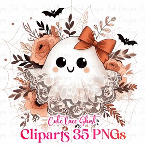 May include: A cute cartoon ghost with a bow, surrounded by flowers and bats. The ghost is white with a lace trim and rosy cheeks. The image includes the text "Cute lace Ghost Cliparts 35 PNGs."