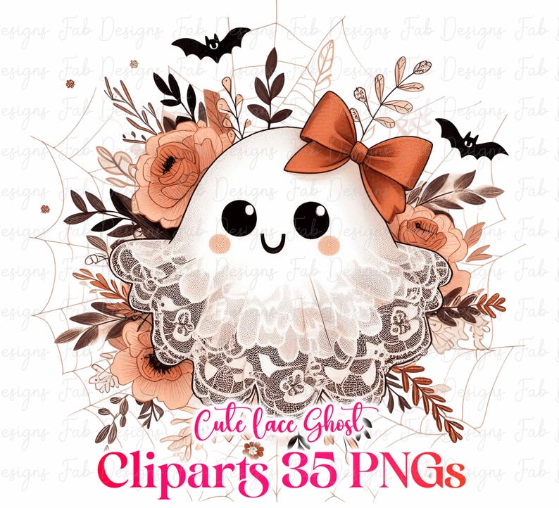 May include: A cute cartoon ghost with a bow, surrounded by flowers and bats. The ghost is white with a lace trim and rosy cheeks. The image includes the text "Cute lace Ghost Cliparts 35 PNGs."