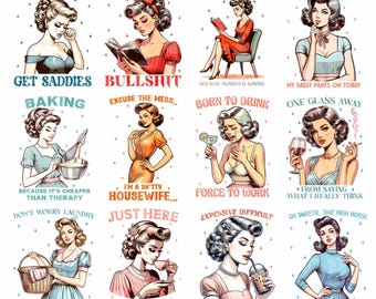 Retro Housewife PNG Bundle: Sarcastic Clipart Designs (Digital Download)