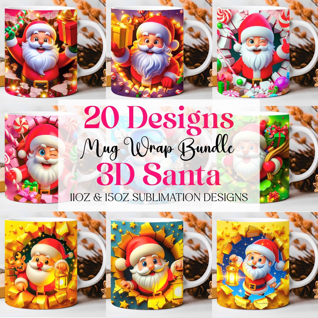 3D Santa Christmas Mug Wrap Cute Mug Wrap Sublimation Design PNG 3D ...
