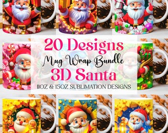 3D Santa Christmas Mug Wrap Cute Mug Wrap Sublimation Design PNG 3D Santa Claus 15oz 11oz Coffee Cup Template 3D Christmas Mug Press Design