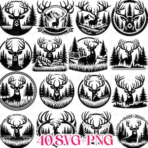 May include: A collection of black and white deer designs in circular and oval frames. The designs feature deer with large antlers, surrounded by trees, mountains, and other natural elements. The text "40 SVG+PNG" is visible.