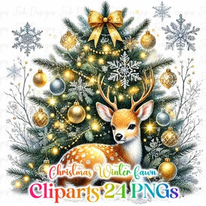 Watercolor Christmas Fawn Collection Clipart, 24 PNG Christmas Clipart, Cute Deer Clipart, Christmas Deer Clipart Bundle, Commercial Use
