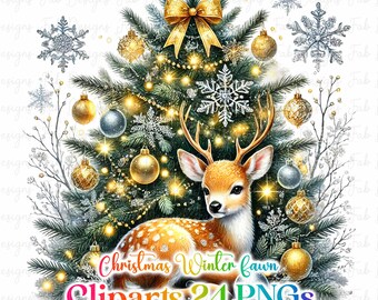 Clipart Collection aquarelle Noël faon, 24 PNG Noël Clipart, Clipart mignon cerf, Bundle de cliparts Noël cerf, usage Commercial
