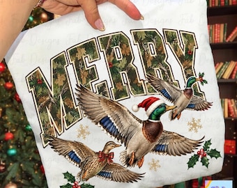 Merry Christmas Duck PNG, Varsity Merry Camo Letters with Flying Mallards, Christmas Mallard Shirt, Duck Hunting Christmas Sweatshirt Design