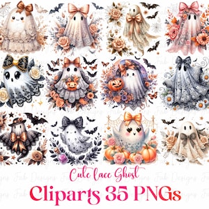 May include: A collection of 12 watercolor illustrations of cute lace ghosts, surrounded by flowers, bats, and pumpkins. The text "Cute lace Ghost" and "Cliparts 35 PNGs" is displayed in pink.