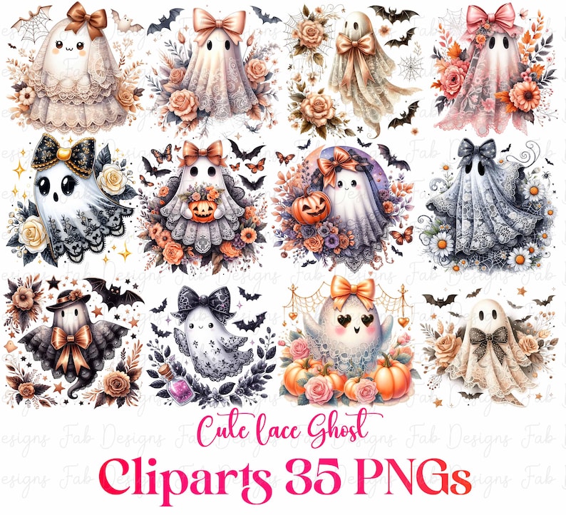 May include: A collection of 12 watercolor illustrations of cute lace ghosts, surrounded by flowers, bats, and pumpkins. The text "Cute lace Ghost" and "Cliparts 35 PNGs" is displayed in pink.