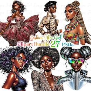 Fashionable Black Girl Clipart Bundle: Afro Denim Graphics (Digital Download)