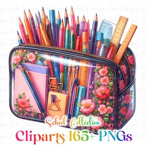 May include: A transparent pencil case filled with colourful pencils, pens, and rulers. The case is decorated with pink floral patterns and contains a variety of school supplies. Text on the image reads "School Collection Cliparts 165+ PNGs."