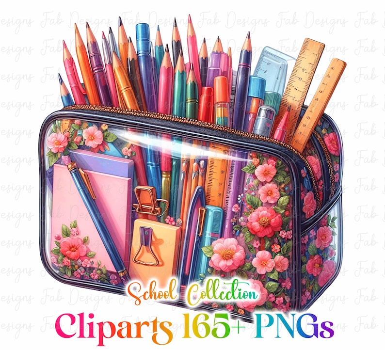 May include: A transparent pencil case filled with colourful pencils, pens, and rulers. The case is decorated with pink floral patterns and contains a variety of school supplies. Text on the image reads "School Collection Cliparts 165+ PNGs."