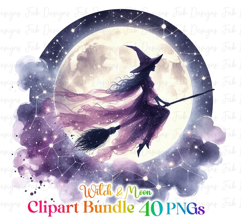 Watercolor Gothic Witch Clipart Collection: 40 Halloween PNGs (Commercial Use) image 3