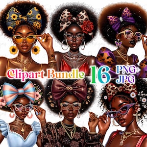 16 Beautiful Black Girl clipart bundle, Fashionable Girl Graphics, afro girl clipart, Big Hair Afro Melanin Queen Black girl Magic graphics
