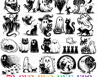 79 söta spöken och katt, svart katt svg, svart katt png, Halloween svg, häxa svg, svart katt häxa, svart katt clipart, svg-paket, läskiga svg-filer
