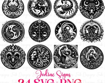 24 dierenriem Svg-bundel, horoscoop Svg, astrologietekens svg, dierenriem symbolen Svg, Tweelingen Svg, Ram Svg Maagd Svg Weegschaal Svg Svg-bestanden voor Cricut