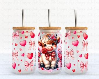 Valentine Highland Kuh Coquette Bow Herz png 16 Unze Glasdose Valentine Sublimationsentwurf, Retro Valentine PNG Wrap, Valentinglasdose
