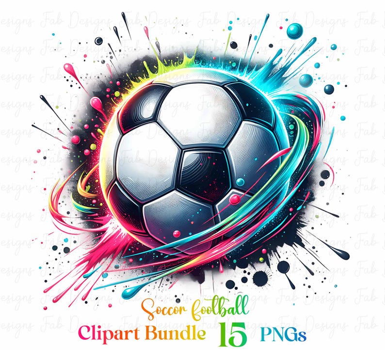 May include: A soccer ball with a colorful paint splatter design. The ball is surrounded by streaks of pink, blue, green, and yellow paint. The background is black with white text that says "Soccer football Clipart Bundle 15 PNGs".