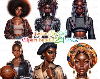 Lot de 24 cliparts fille noire à la mode, graphiques fille à la mode, clipart fille afro, clipart fille denim t, belle fille clipart noir
