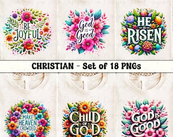 Paquete de 18 imágenes cristianas con motivos florales en formato PNG, Jesús en formato PNG, camiseta religiosa en formato PNG, versículo bíblico en formato PNG, espíritu en formato PNG, citas motivacionales, diseño de sublimación