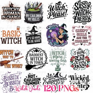 Puede incluir: Un conjunto de 12 diseños digitales con frases e ilustraciones de temática de brujas. Los diseños incluyen frases como "Witchy Woman in Charge", "Basic Witch", "Witch Way to the Wine?" y "Badest Witch in Town".